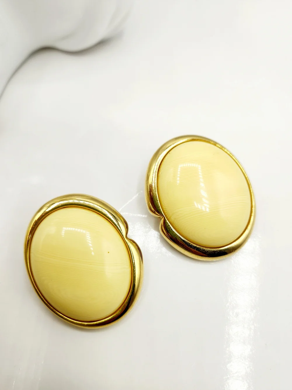 Gold-Tone Cream Oval Clip Earrings